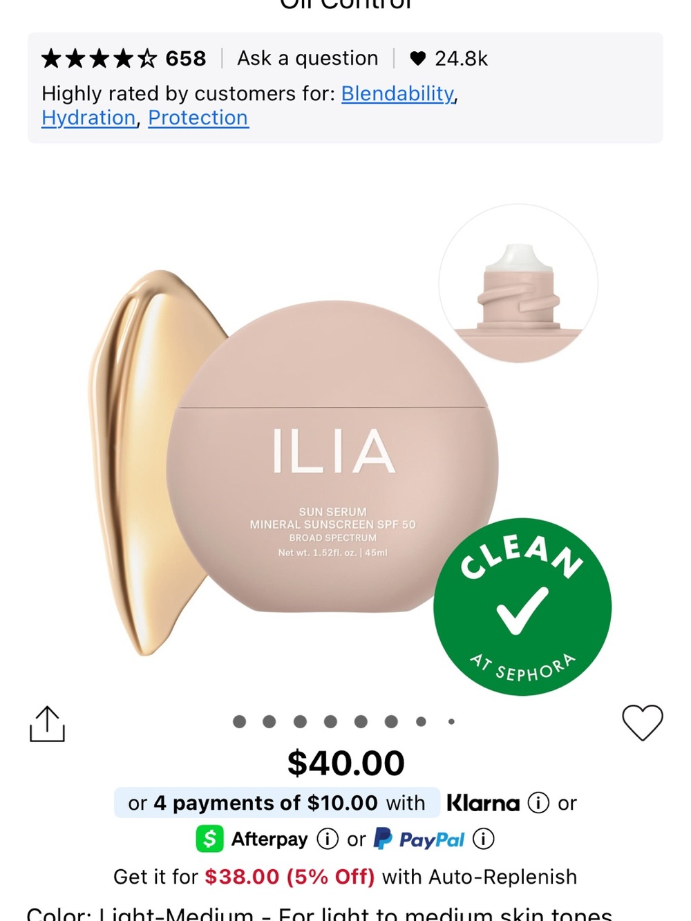 ILIA Sun Serum Mineral Sunscreen SPF 50 Light Medium